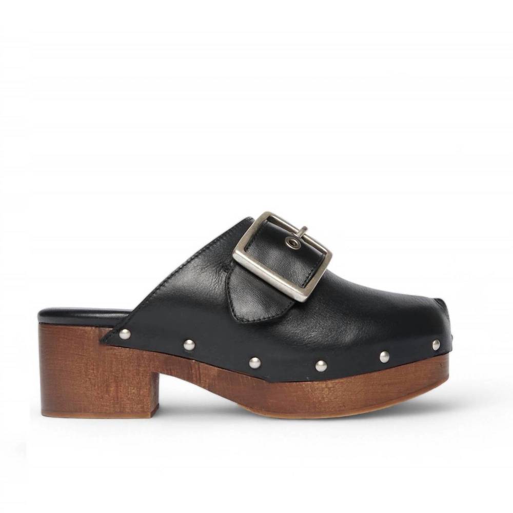Freda Salvador Black Leather Buckle Clog with Wood Heel